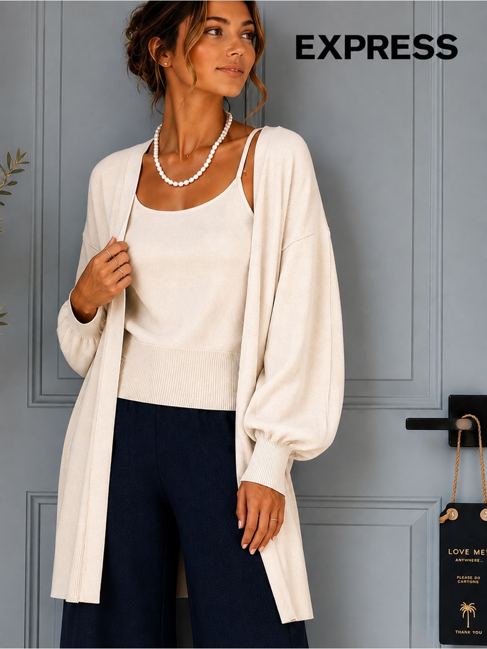 Express Two-Piece Sweater Set | Soft Fine-Gauge Knit Lounge Set | Oatmeal,Size S